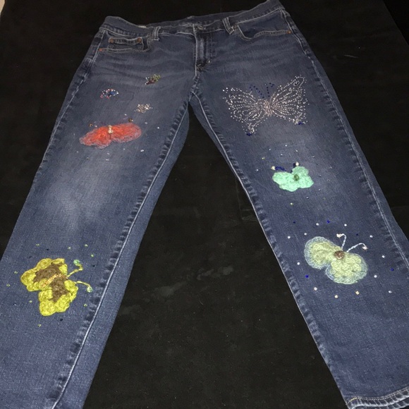 Women’s UPCYCLED HAND CRAFTED GAP Blue Jeans with Butterfly Designs Sz 29/8L - Picture 6 of 16